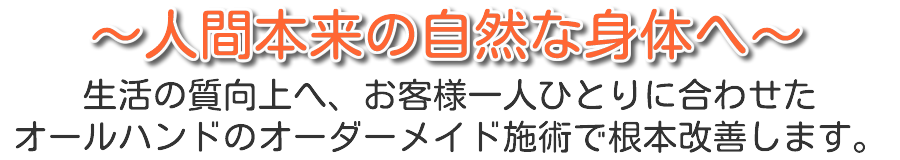 人間本来の自然な身体へ。生活の質向上へ、お客様一人ひとりに合わせたオールハンドのオーダーメイド施術で根本改善します。